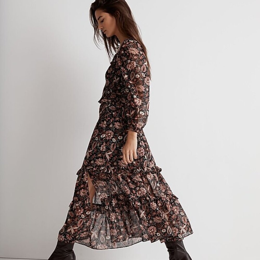 Madewell Black Floral Ruffled Tiered Maxi Dress